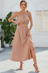 Plus Minus Co Ruched One Shoulder Top and Slit Skirt Set, view 5