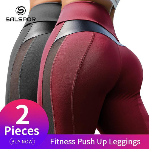 Plus Minus Co Two-Piece Combination Women Leggings Sexy Mesh PU Leather Fitness Push Up Gym Slim High Waist Leggings Workout Female