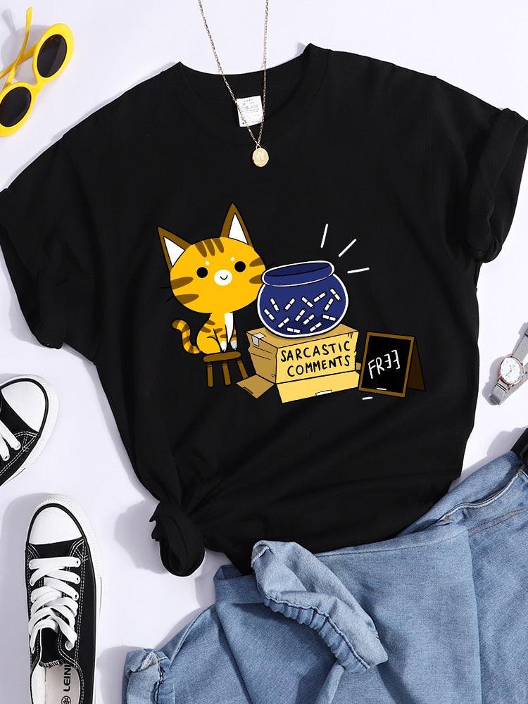 Plus Minus Co Sarcastic Comments Kawaii Cat T-Shirt Women Fashion Casual T Shirts Street Hip Hop Crop Top Cool Sport Breathable Female Tshirts