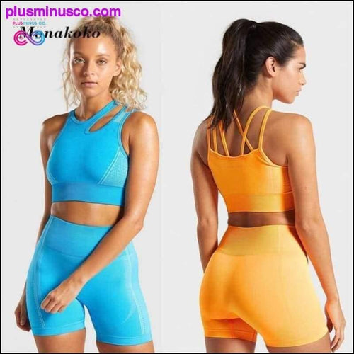 Plus Minus Co Seamless Yoga Set Women Two 2 Piece Blue Orange Crop top