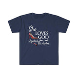 Plus Minus Co She Loves God Lipstick & Lashes T-Shirts, Womens Makeup, High Heels, Lashes, Lipstick, Love God Christian T-Shirt, view 3