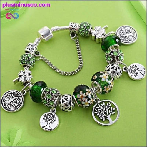 Plus Minus Co Silver Tree of Life Fashion Bead Bracelet Green Leaf Floral