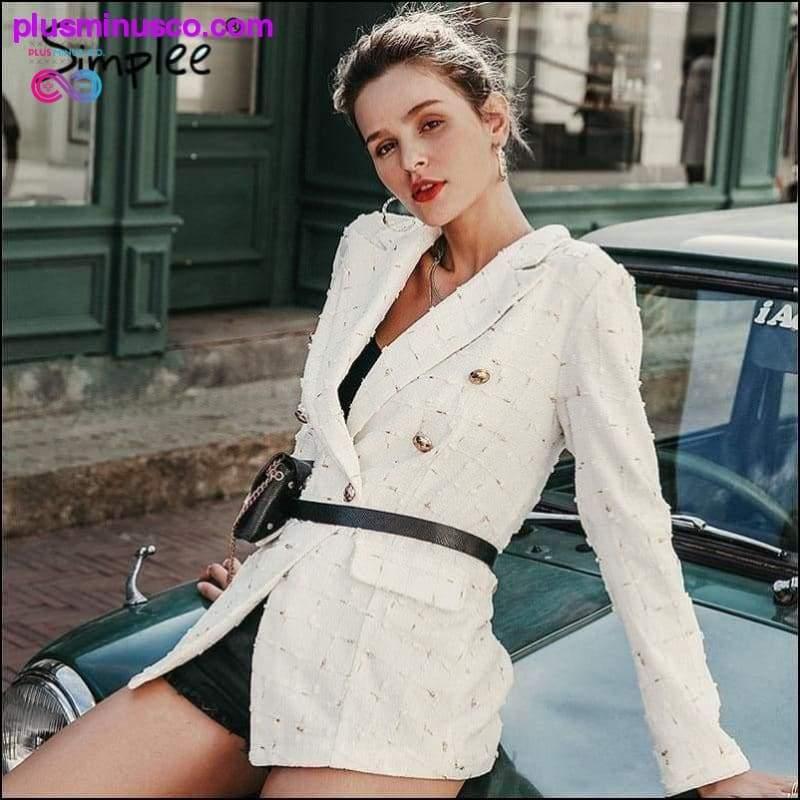 Plus Minus Co Simplee Chic white plaid women blazer Autumn double breasted