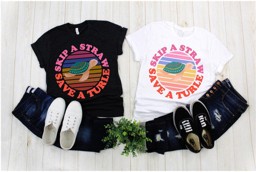 Plus Minus Co Skip A Straw Save A Turtle | Retro Sunset T-Shirts, Nature lover Tee, Eco Ocean, Environmental Activist Shirt, Love Turtle Shirt