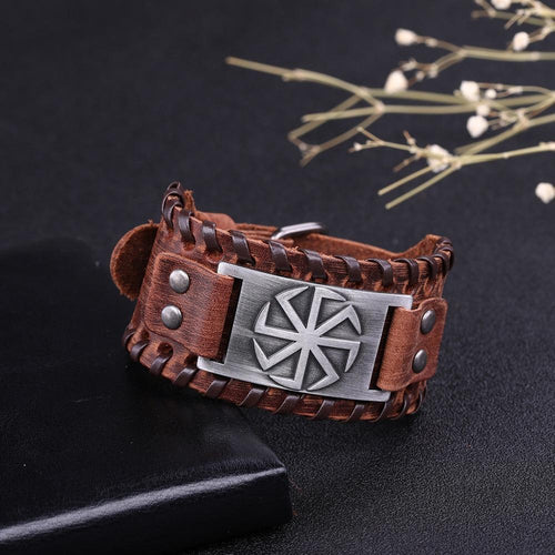 Plus Minus Co Slavic Wheel Kolovrat Talisman Charm Bracelets Leather Wrap