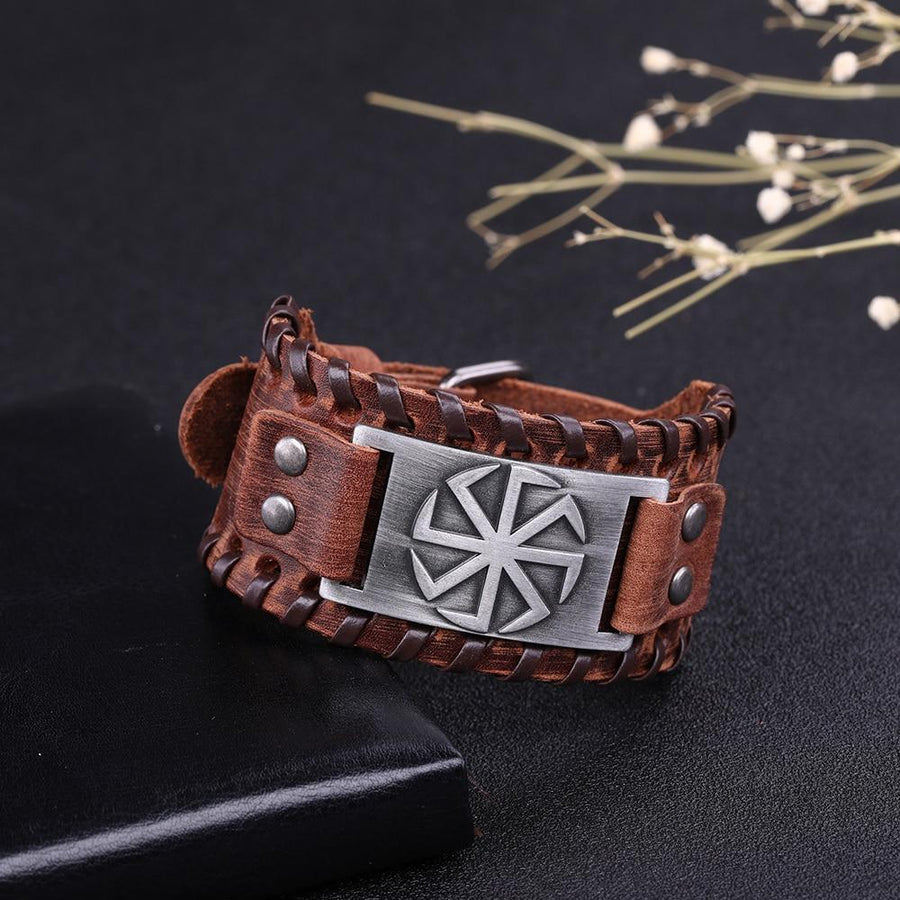 Plus Minus Co Slavic Wheel Kolovrat Talisman Charm Bracelets Leather Wrap