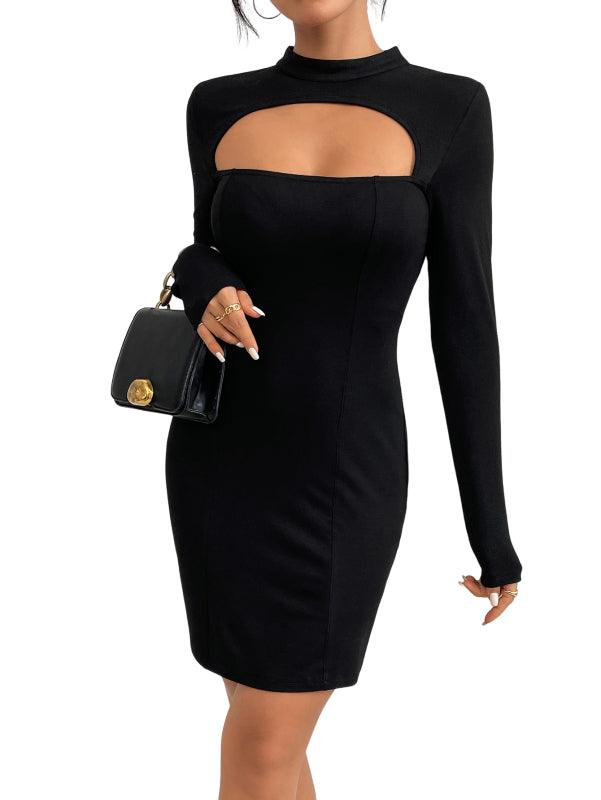 Plus Minus Co Slim fit buttocks knit long sleeved mini skirt sexy hollow out dress