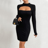 Plus Minus Co Slim fit buttocks knit long sleeved mini skirt sexy hollow out dress, view 2