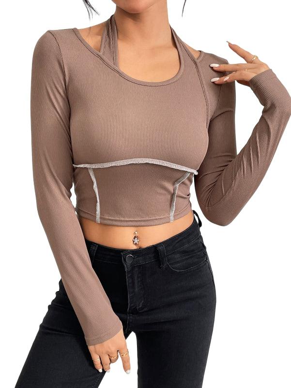 Plus Minus Co Slim fit knitted long sleeved sewing thread exposed hanging neck T-shirt fashion top