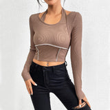 Plus Minus Co Slim fit knitted long sleeved sewing thread exposed hanging neck T-shirt fashion top, view 2
