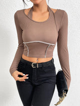Plus Minus Co Slim fit knitted long sleeved sewing thread exposed hanging neck T-shirt fashion top, view 3