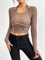 Plus Minus Co Slim fit knitted long sleeved sewing thread exposed hanging neck T-shirt fashion top, view 5