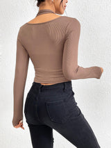 Plus Minus Co Slim fit knitted long sleeved sewing thread exposed hanging neck T-shirt fashion top, view 6