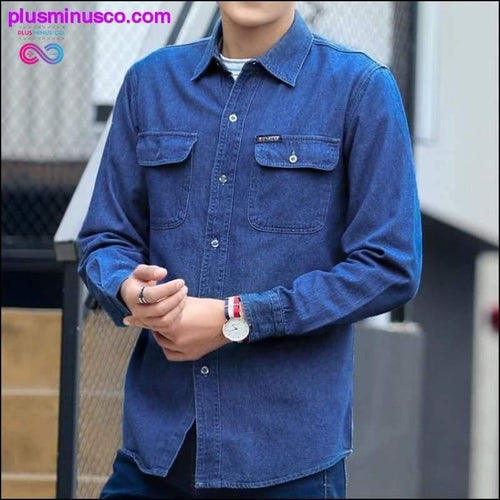 Plus Minus Co Spring Autumn Denim Shirt Men Long Sleeve Blue Sunscreen
