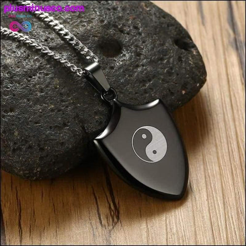 Plus Minus Co Stainless Steel Necklace Black Shield Shape Bagua Pendant