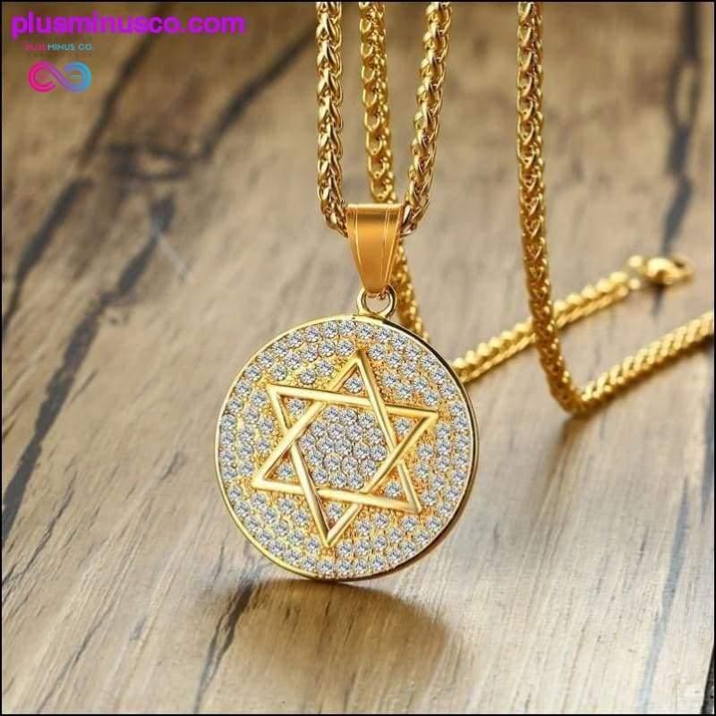 Plus Minus Co Star of David Necklace Shiny CZ Stone Round Pendant