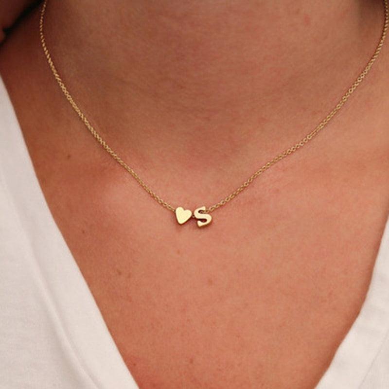 Plus Minus Co Tiny Heart Dainty Initial Necklace Gold Silver Color Letter Name Choker Necklace For Women Pendant Jewelry Gift