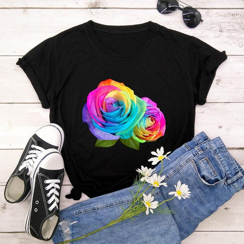 Plus Minus Co Summer Cotton Women T Shirt 5XL Plus Size Colorful Flower Print Short Sleeve Women Tees Shirt Top Casual O-Neck Female TShirt