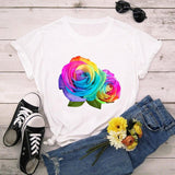 Plus Minus Co Summer Cotton Women T Shirt 5XL Plus Size Colorful Flower Print Short Sleeve Women Tees Shirt Top Casual O-Neck Female TShirt, view 3