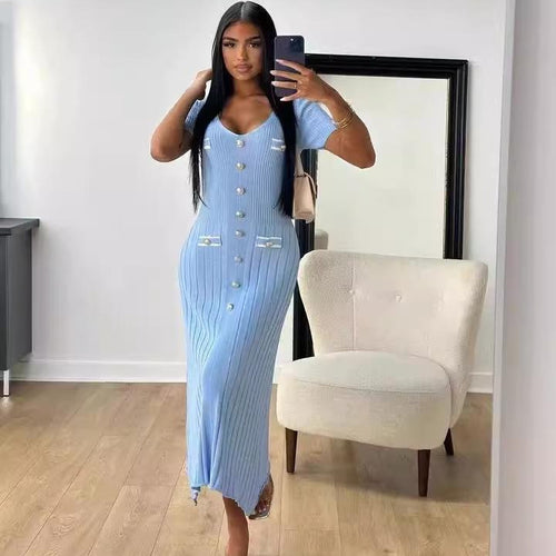 Plus Minus Co Summer European and American sexy slim fit dress short sleeved V-neck slit new fashion dress