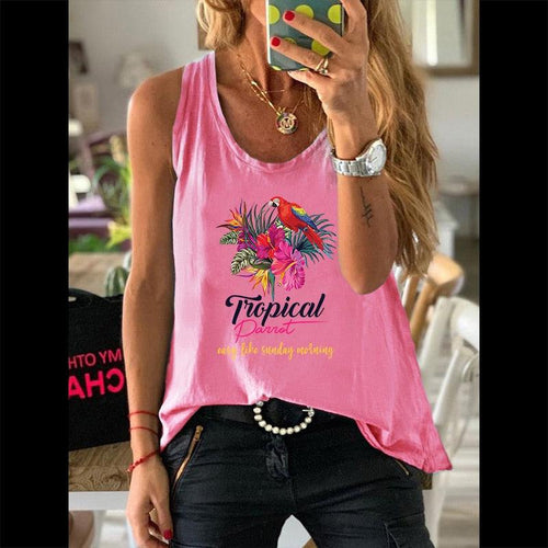 Plus Minus Co Summer Graphic Women 100% Cotton Sleeveless Vests Female Casual Waistcoats Parrot Floral Print Ladies Regular Camisole Tank Tops