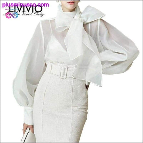 Plus Minus Co Summer Long Lantern Sleeve Bow White Sheer Blouse Women