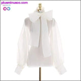 Plus Minus Co Summer Long Lantern Sleeve Bow White Sheer Blouse Women, view 2