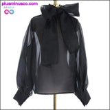 Plus Minus Co Summer Long Lantern Sleeve Bow White Sheer Blouse Women, view 3