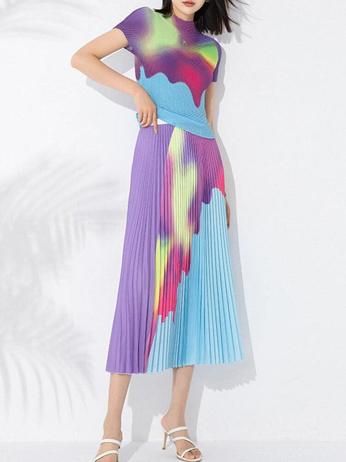 Plus Minus Co Summer Pleated Two Piece Sets For Women Short Sleeve Mock Neck Contrast Color Tops Elegant Elastic Waist Skirt