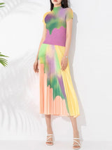 Plus Minus Co Summer Pleated Two Piece Sets For Women Short Sleeve Mock Neck Contrast Color Tops Elegant Elastic Waist Skirt, view 5