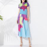 Plus Minus Co Summer Pleated Two Piece Sets For Women Short Sleeve Mock Neck Contrast Color Tops Elegant Elastic Waist Skirt, view 6