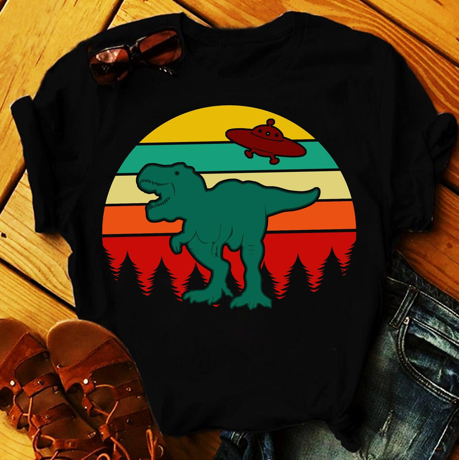 Plus Minus Co T-Rex Ufo Tree | Retro Sunset T-Shirts