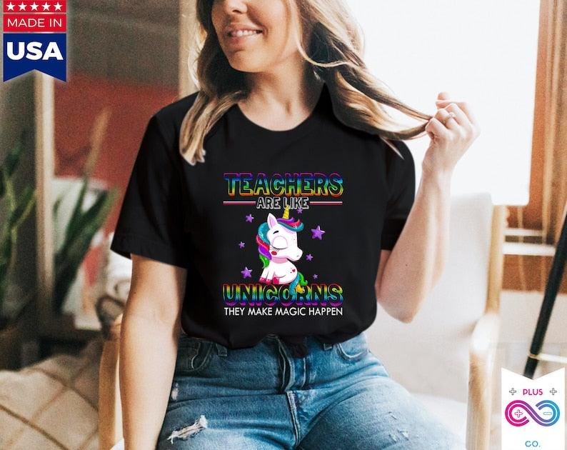 Plus Minus Co Teachers Like Unicorns Make Magic Happen T-Shirts, teacher birthday gift, back to school, teacher personalized gifts