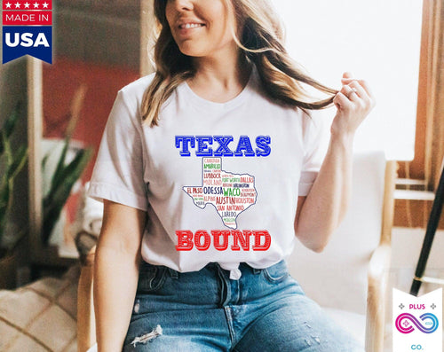 Plus Minus Co Texas Bound | Texas Places T-Shirts |Texas Map T-Shirts, Moving to Austin , Welcome to Texas Gift, Texas Bound, New in Texas, Moving to DFW