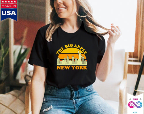 Plus Minus Co The Big Apple New York | Retro Sunset T-Shirts, New York City Skyline Souvenir Tee, NYC Parties Costume, Visit Trip Travel NY, Manhattan