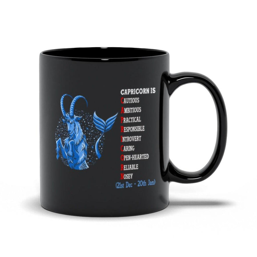 Plus Minus Co The Capricorn, Capricorn Is Cautious, Ambitious, Practical, Responsible, Introvert, Caring, Open-Hearted, Reliable, And Nosey Black Mugs