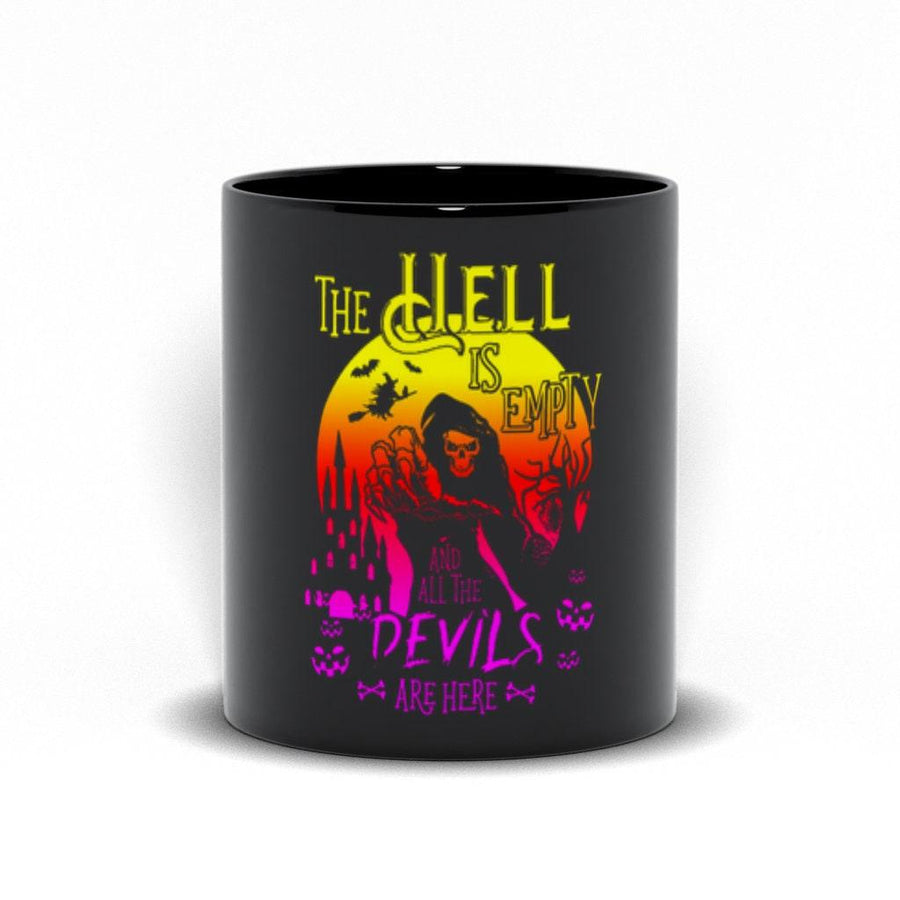 Plus Minus Co The Hell Is Empty And All The Devils Are Here Black Mugs, desperation makes devils of us all, Halloween theme mugs