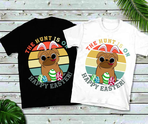 Plus Minus Co The Hunt Is On Happy Easter | Bunny Pug | Retro Sunset T-Shirts,Hunt Is On Funny Easter Day 2021 Shirt, Happy Easter Day Tee Shirt Gifts,