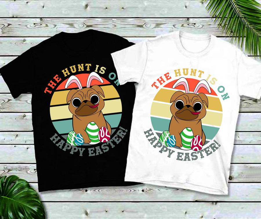 Plus Minus Co The Hunt Is On Happy Easter | Bunny Pug | Retro Sunset T-Shirts,Hunt Is On Funny Easter Day 2021 Shirt, Happy Easter Day Tee Shirt Gifts,