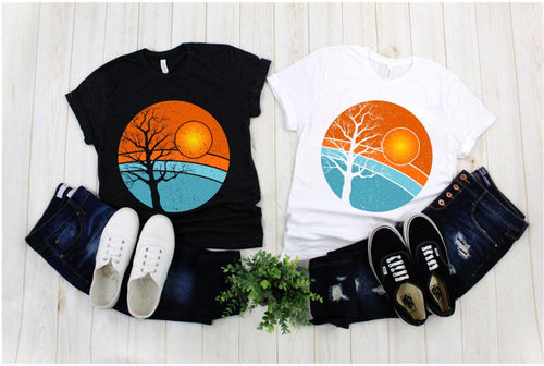 Plus Minus Co Tree | Retro Sunset T-Shirts,Retro Tree Shirt | Travel Adventure Tree Shirt | Silhouettes Shirt | Surfer | Gift For Him | Gift For Her