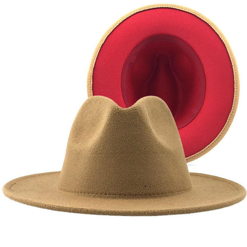 Plus Minus Co Trend Tan With Red Bottom Patchwork Plain Wool Felt Jazz Fedora Hats Men Women Wide Brim Panama Trilby Cowboy Cap For Party