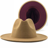 Plus Minus Co Trend Tan With Red Bottom Patchwork Plain Wool Felt Jazz Fedora Hats Men Women Wide Brim Panama Trilby Cowboy Cap For Party, view 3