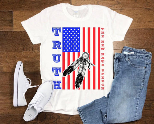 Plus Minus Co Truth The New Hate Speech | Feather | American Flag T-Shirts,Political Correctness, Conservative Republican Tees, Voter Politics,Voting Tee