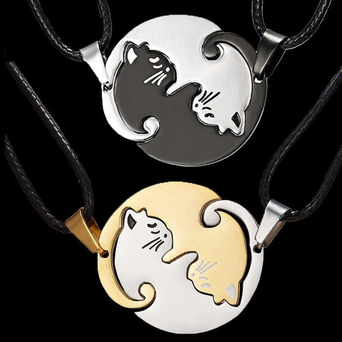 Plus Minus Co Two Cat Couples Jewelry Necklace Black White Kitten Animal Pendant Choker Necklace Women Valentine's Day Thanksgiving Day Gift