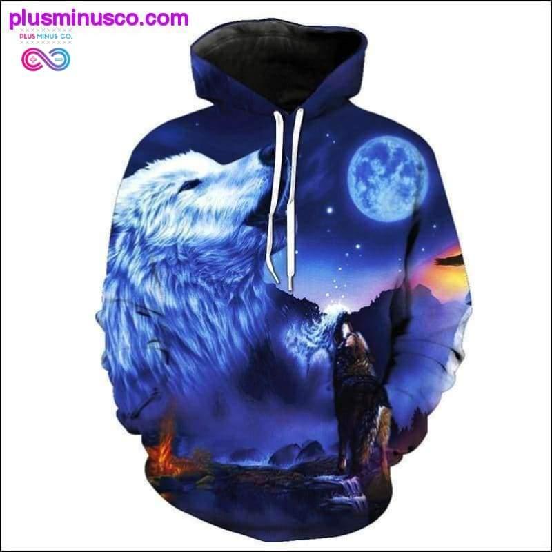 Plus Minus Co Two wolves Howling night 3D print UniSex Hoodie