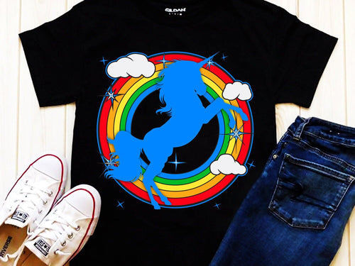 Plus Minus Co Unicorn And Rainbow Clouds | Retro Sunset T-Shirts, Unicorn and Rainbow, Unicorn Shirt, Unicorn Girl Birthday Shirt, Unicorn Party Shirt