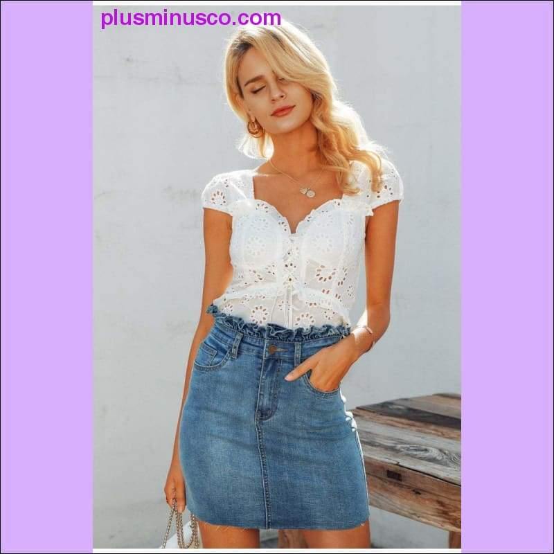 Plus Minus Co V-neck women blouse ruffled Elastic high waist hollow out lace blouse tops Back lace up peplum white
