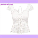 Plus Minus Co V-neck women blouse ruffled Elastic high waist hollow out lace blouse tops Back lace up peplum white, view 2