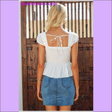 Plus Minus Co V-neck women blouse ruffled Elastic high waist hollow out lace blouse tops Back lace up peplum white, view 4