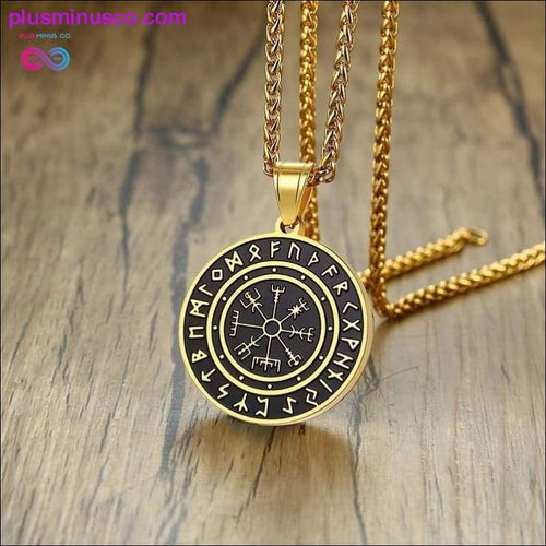 Plus Minus Co Vegvisir Men's Compass Necklace Vicking Rune Pendant Circle